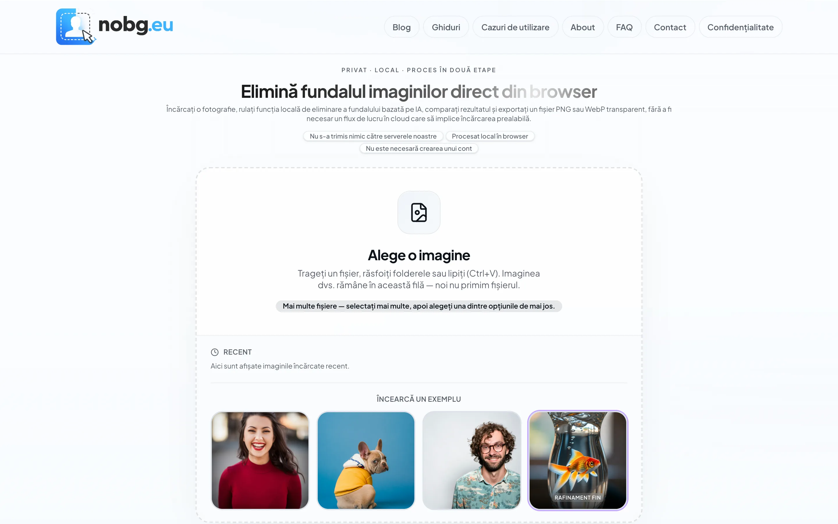 NoBG.eu — homepage cu procesare AI locală în browser